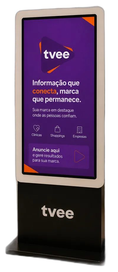 Totem digital TVee em funcionamento em corredor de shopping