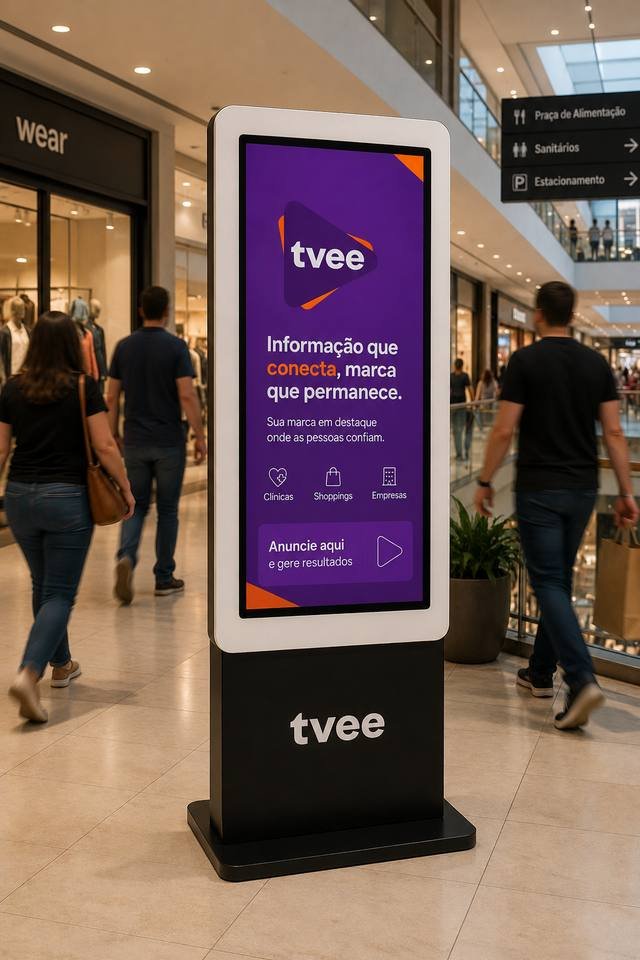 Totem digital TVee instalado em corredor de shopping, com pessoas circulando