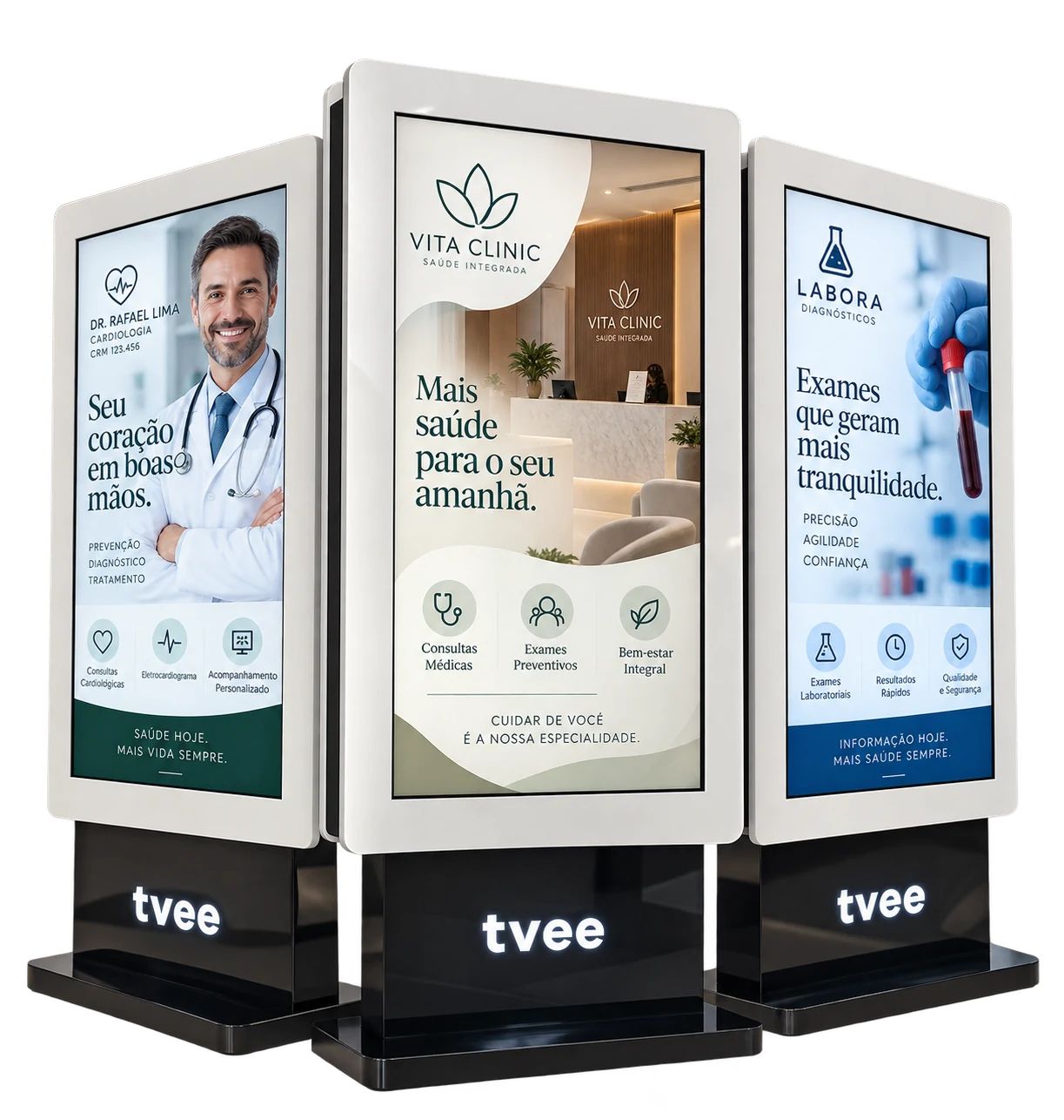 Totens digitais TVee exibindo anúncios de clínica cardiológica, clínica geral e laboratório